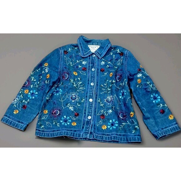 Vintage Tantrums PL Embroidered Denim Jacket Boho Cottagecore Floral Jean Y2K - Picture 1 of 12
